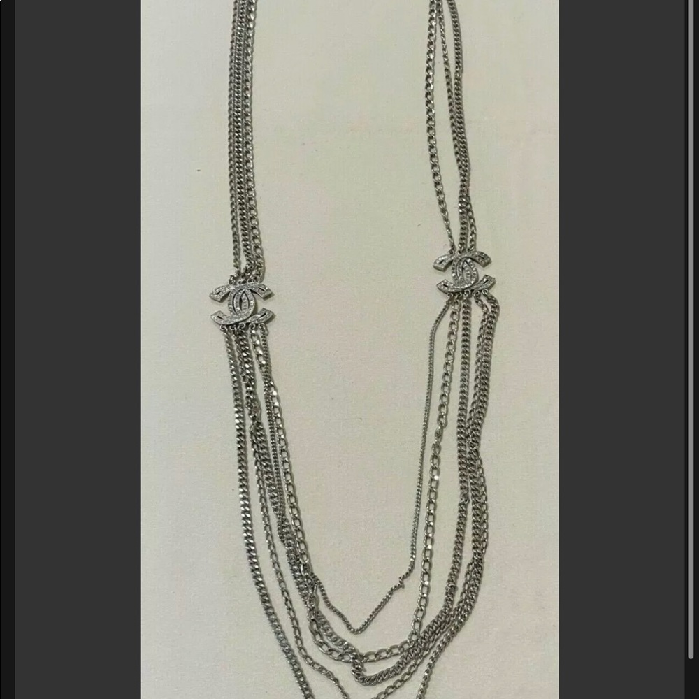 Authentic CHANEL Multi Strand Necklace CC Silver Metal/Strass